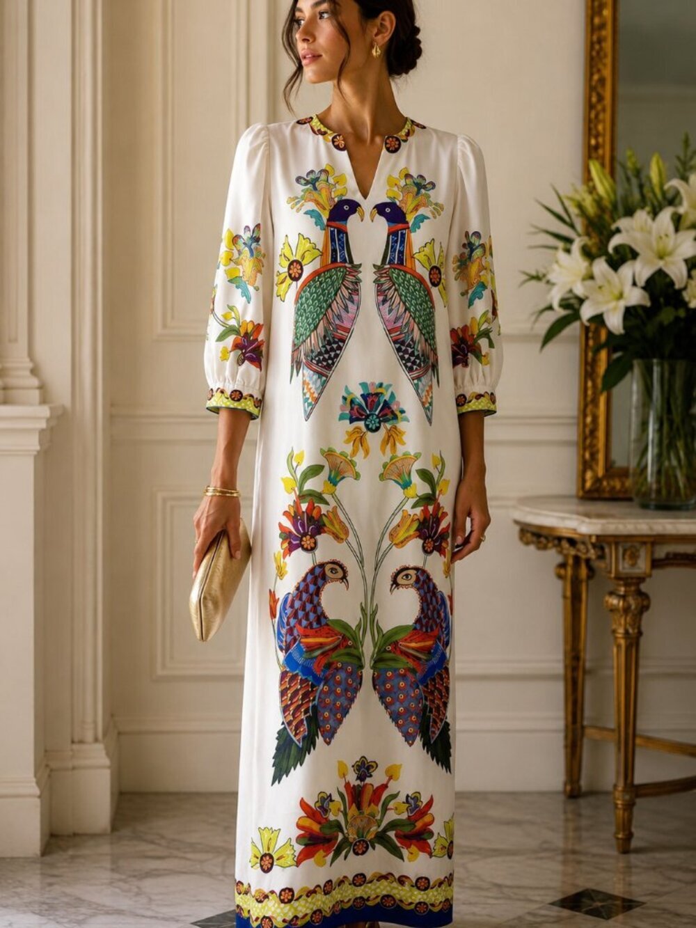 Stunning Novelty Bird Print Maxi Dress Cream Puff Sleeve Boho Shift Size Small